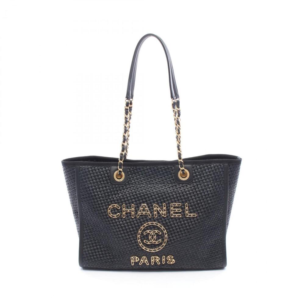 Chanel Deauville Tote Bag Handbag Leather Straw Women's Black